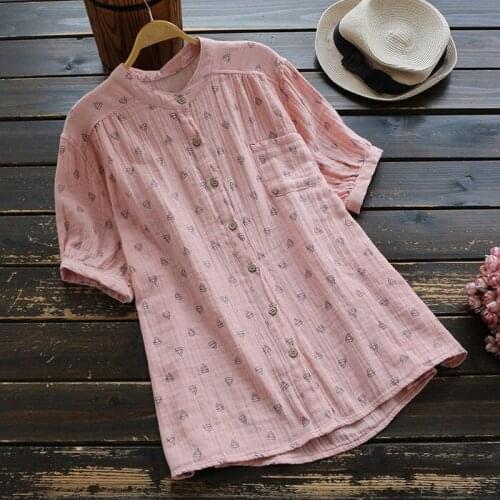 Summer women blouse short sleeve female loose cotton tops Japan style fresh button stand collar shirt 2020