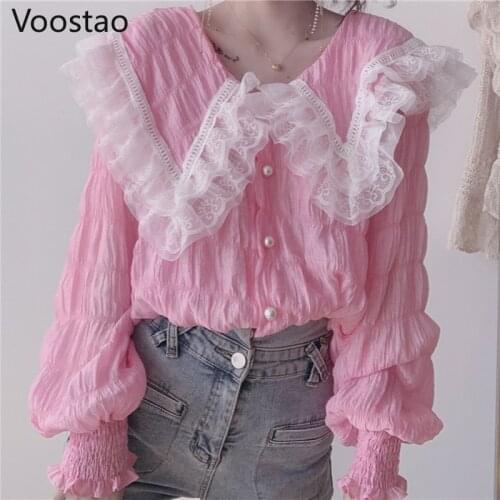 Sweet Fashion Blouse Women Elegant Puff Sleeve Lace Mesh Tops Girls Lolita Style Peter Pan Collar Chiffon Shirts Blusas Mujer
