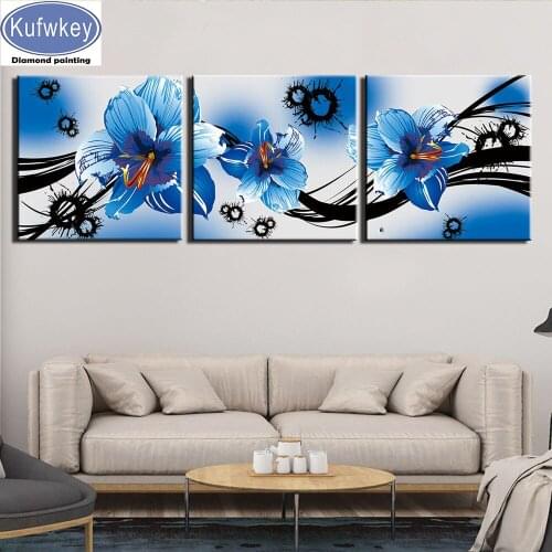 New diamond painting blue flowers 5d diamond embroidery cross stitch full square round 3D DIY home decor 3pcs wall art