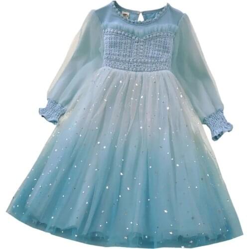 2021 spring and autumn new childrens wear Princess Discoloration print knitted sweater mesh dress girl star print Sequin dress