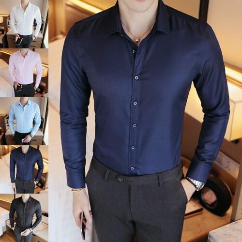 New Mens Casual Fashion Shirts Long Sleeved Solid Party Dress Shirt Button Slim Fit Social Shirt Tops