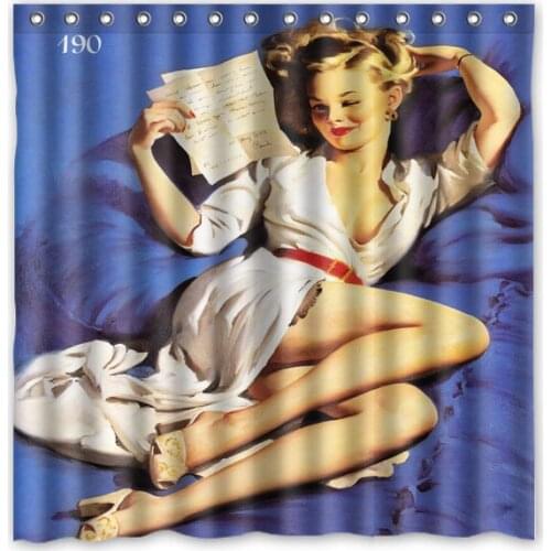 Novelty Item!Vintage Pin Up Girl Lay On Blue Bed Background Printed Waterproof Polyester Shower&Bath Curtain( 180X180CM)