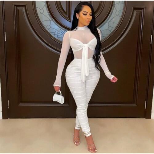 CHRONSTYLE Sexy Mesh Sheer Bodycon Jumpsuits Women Long Sleeve Bowknot Skinny Ruched Club Party Rompers Elegant Overalls Female
