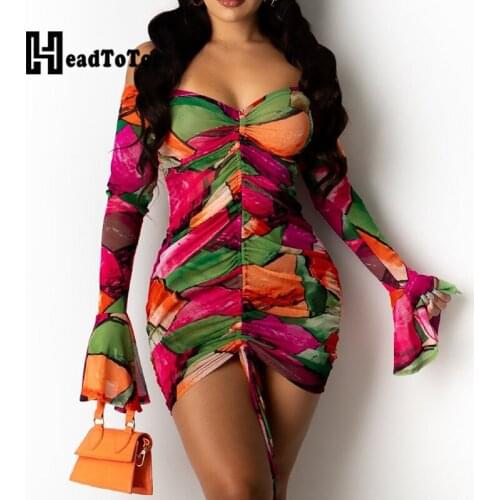 Colorblock Sexy Off Shoulder Shirring Bodycon Dress Women Flare Long Sleeve Slash Neck Mini Dress