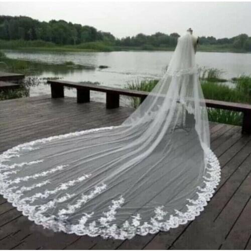 Real Photos Ivory Bridal Veil Cathedral two Layer With Comb Full Lace Appliques Edge Tulle White Wedding Veils Accessories Bride