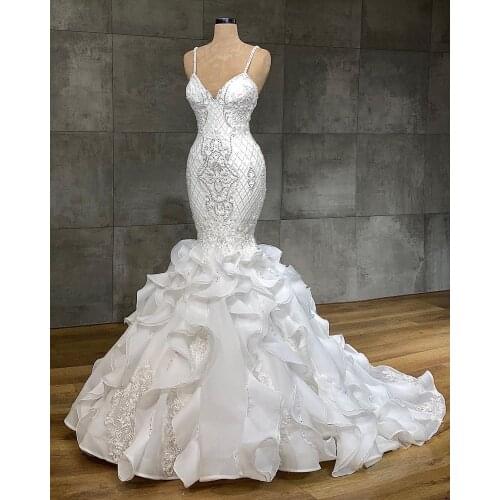 Real Photos Luxury France Crystal Mermaid Wedding Dresses Beading Sweep Train Appliqued Bridal Gowns rrobe de soirée de mariage