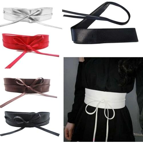Female Belt Soft Leather Wide Self Bow Knot Tie Wrap Around Waist Band Dress Belt 9 Colors Hot Sale