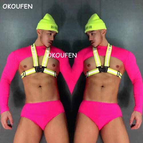 Sexy Nightclub Ds Costume Male singer DJ Clothing Pink fluorescent Theme Party Suit performance equipment