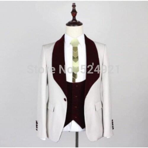 One Button Groomsmen Ivory Groom Tuxedos Shawl Wine Lapel Men Suits Wedding Best Man Blazer ( Jacket+Pants+Vest ) C290