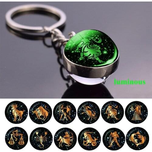 Luminous Zodiac Keychain Keyholder Glow In The Dark Glass Ball Key Chain Trinkets Men Women Birthday Gift