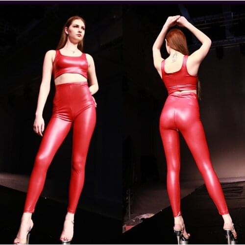 Women Light High Waist PVC Faux Leather Punk Style Skinny Pants Zipper Open U-Pattern Crotch Latex Ammonia High Waist Trousers