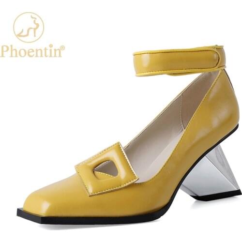 Phoentin Fashion new Autumn womens mary janes Genuine Leather high Heel Square Toe shallow Pumps ladies Party Shoes FT1666