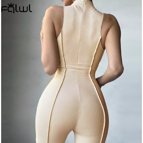 FQLWL Summer Streetwear Bodycon Jumpsuit Women O Neck Zipper Sleeveless Jumpsuits Female Casual White Black Outfits Women 2021