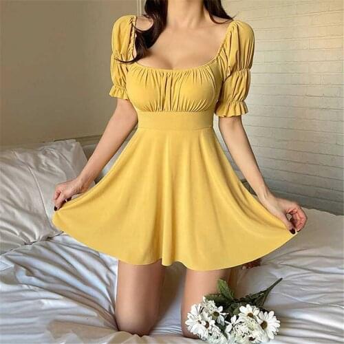 Short Sleeve One Piece Swimsuit Women Solid Swimwear With Skirt Push Up Monokini Pleated Swim Suit Ruffle Korea Pad Bathing Suit