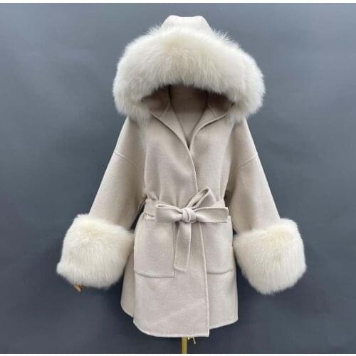 Winter Increased Cuff Fox Fur Wool Overcoat Women Short Cashmere Coat Hooded Warm Wool Outwear