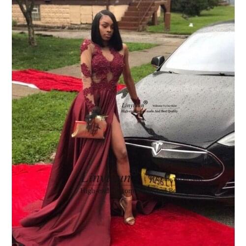 Sheer Long Sleeves High Neck Prom Dresses 2020 Jewel Appliques High Split Appliques Long Burgundy Arabic Formal Evening Gowns