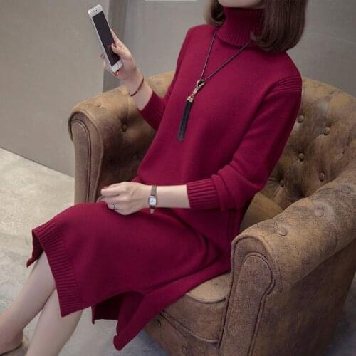 Women Dress Winter 2020 Knit Sweater Plus Size Clothing Simple Bottoming Shirt High-Neck Solid Color Split Long Pullover Y754