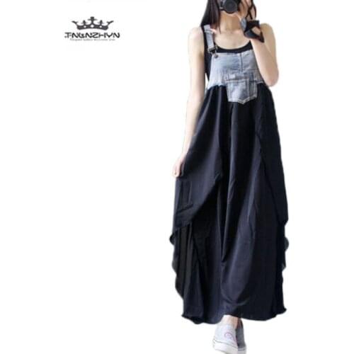 2019 spring summer new women Plus size loose fashion denim stitching chiffon harness dress casual slim strap cowboy dress Female
