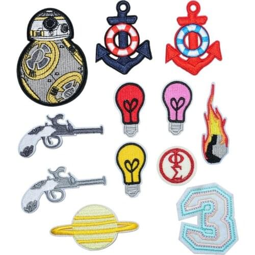 100pcs/lot Embroidery Patch Letter Light Bulb Anchor Planet Toy Gun Flame Clothing Decoration Sewing Accessories Applique