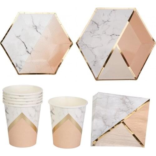 16SET Gold Pink Mint Green Marble Disposable Tableware Paper Plates Cups Party Napkins for Dinner Cake Wedding Party Supplies