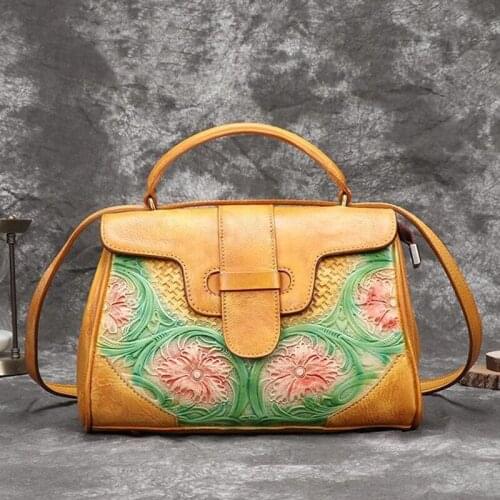 2021 New Retro Flower Women Bag Female Genuine Leather Hand Painted Luxury Handbags Leisure Cowhide Tote Floral Ladies Hand Bags