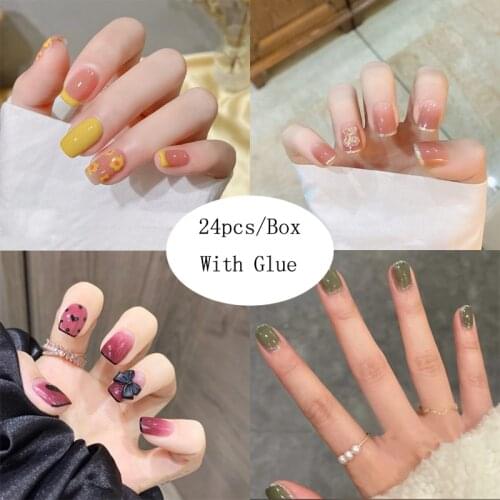 24pcs Green Color False Nails Glitter Style Short Full Colver Acrylic Fashion Fake Nails With Glue DIY Art Manicure Products TY