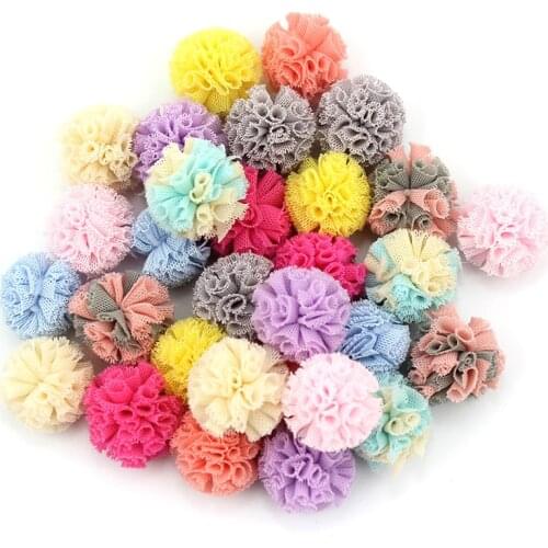 40Pcs 2.5cm Multicolor Elastic Mesh Flowers Ball Appliques For Baby Crafts Headwear Hair Clip Decoration Accessories Wholesale