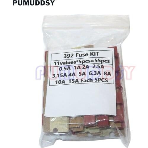 55PCS/Set Square Plastic Fuse Assortment Kit 392 0.5A 1A 2A 2.5A 3.15A 4A 5A 6.3A 8A 10A 15A 250V Fuses Slow Blow Tube Fuse Set