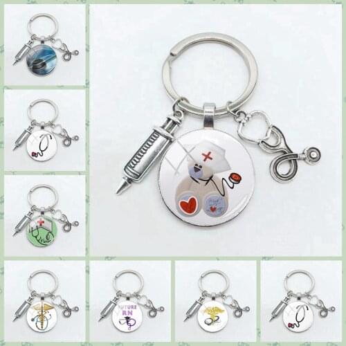 Hospital Nurse Doctor Equipment Stethoscope and Syringe Keychain Syringe Stethoscope Sacred Hospital Pattern Pendant Keychain