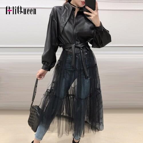 Spring Autumn Motor Storm Full Sleeve Long Mesh Stitching PU Leather Jacket Korea Style Chic Turn Down Collar Mashes Black Coats