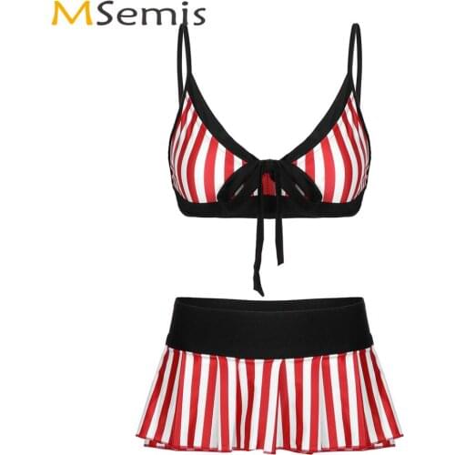 Women Summer Fashion Striped Underwear Set Sexy Beach Party Bikini Lingerie Adjustable Straps Deep V Bra with Mini Pleated Skirt