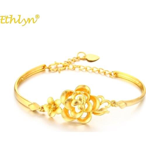Ethlyn Ethiopian Romantical Style Valentines Day Jewelry Gold Color Flower Shape Bangles Bracelets Best Girl Friend Gifts B89
