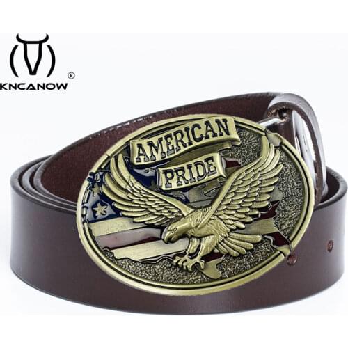 Usa Flag Eagle Gold Eagle Big Buckle Full Grain Real 100% Genuine Leather Hawk Mens Belts Luxury High Quality Black Cowboy Strap