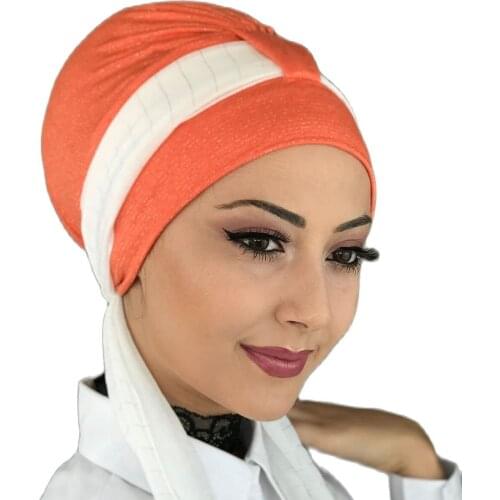 Islamic Fashion Muslim Hijab Lady Hijab 2021 Trend Scarf Beanie Ready Shawl Scarf Hat Orange-Hijab Scarf Bone