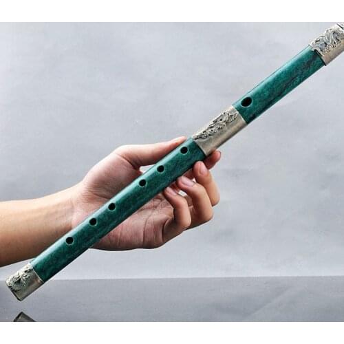 CHINA Natural Jade Armor Tibet Silver Hand Carved Dragon & Phoneix Pattern Flute
