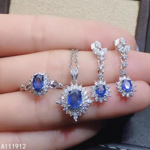 KJJEAXCMY fine jewelry natural sapphire 925 sterling silver women pendant necklace chain ring earrings set support test luxury