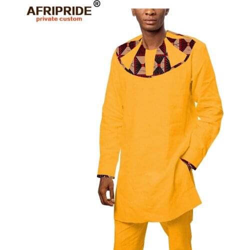 2019 africa bazin richi 2-pieces suit for men AFRIPRIDE tailor made full sleeves top+full length pants mens casual set A1816010