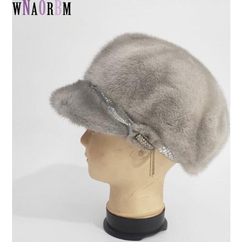 Fur Hat Winter Warm Natural Mink Fur Hats for Women Classic Luxury Caps Earflap Christmas Hat Thermal octagonal hat with brim