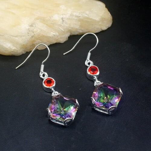 Mystical Fire Topaz Garnet Antique Square Genuine 925 Silver Dangle Drop Hook Earrings Jewelry Gifts for Women Girls 20213693