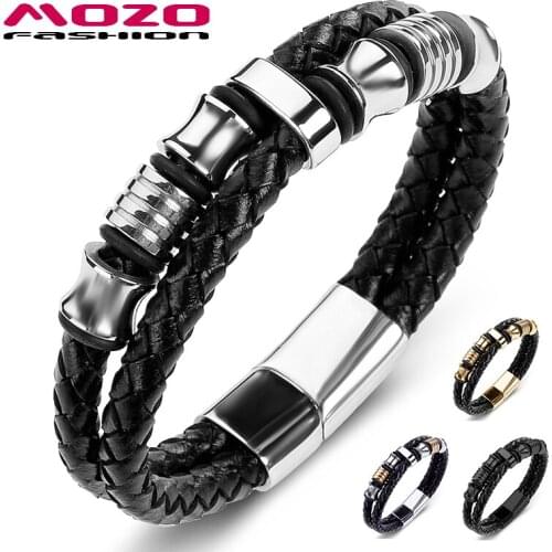 Fashion Male Jewelry Black Leather Braided Rope Chain Stainless Steel High Quality Bangles for Party Gifts