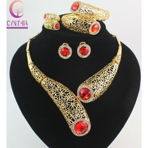 Fashion Vintage African Beads Rhinestone Costume Jewelry Sets Gold color Women Wedding Necklace Bangle Earrings Ring Set