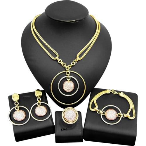 Yulaili Trendy Dubai Jewelry Sets for Women Elegant African Crystal Tricolor Pendant Necklace Earrings Bracelet Ring Accessories