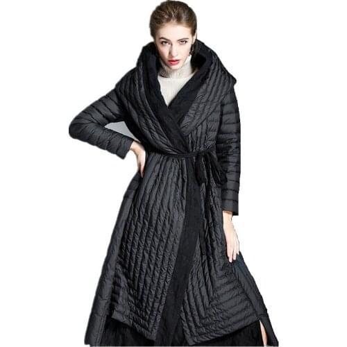 European station fashion slim down jacket female thick long paragraph knee-hooded Luxury Hooded High Quality Woman Winter down