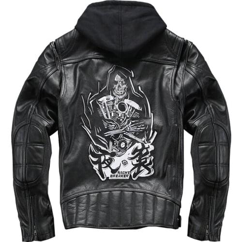 Mens Genuine Leather Jacket Hooded Motorcycle Jacket Short Slim Leather Motorcycle Riding Leather Jacket