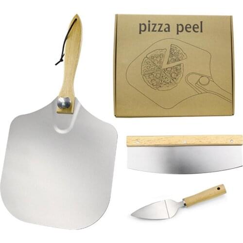 Pizza Kit Tools Portable Pizza Shovel Pizza Plate Stainless Steel Scraper With Wooden Handle Baking Tools With Pizza Knife