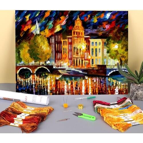 Amsterdam - Autumn Reflections Printed Water-Soluble Canvas 11CT Cross Stitch Set Embroidery DMC Threads Different