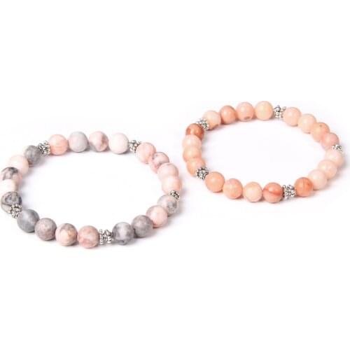 Natural Pink Zebra Jaspers Bracelets Men Matte Stone Beads Bracelet Elastic Jewelry For Women Flower Charm Bangle Couples Gifts