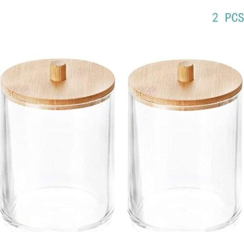 Bathroom Organizer Cosmetic Storage Box Qtip Holder Makeup Remover Cotton Brush Holder Bamboo Cover Transparent Storage Box