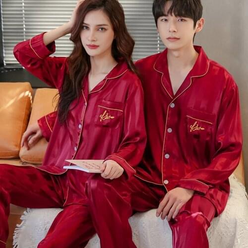 FZSLCYIYI Striped Satin Lovers Pajamas Set Fashion Sleepwear Couple Long Sleeve Suit Casual Two-Piece Elastic Homewear