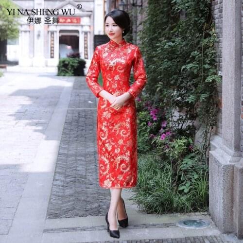 Red Women Long Sleeve Qipao Lady Elegant Cheongsam Novelty Print Chinese Traditional Wedding Dress Vestidos Retro Button Dress